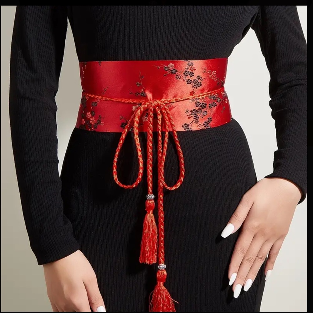 New! Embroidered Floral Wide Obi Wrap Belt With Tassle and Florals Black or Red
